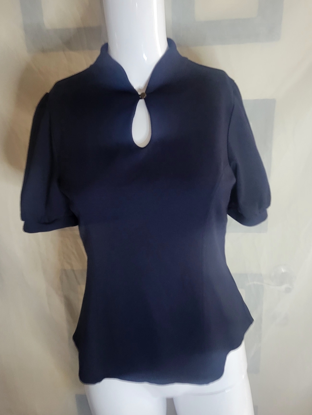 Anthropologie Navy Keyhole Puff-Sleeve Blouse
